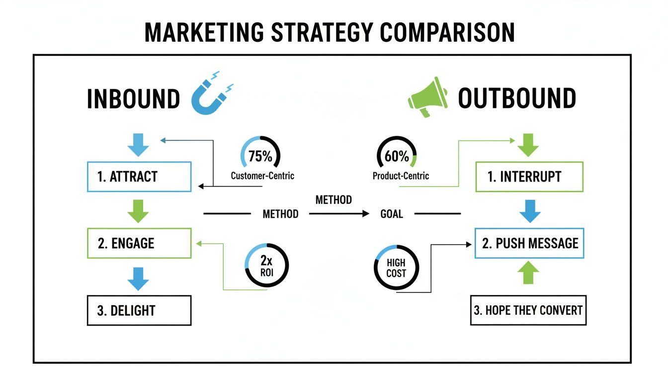 Infographic comparing inbound and outbound marketing strategies, their processes, and key characteristics.