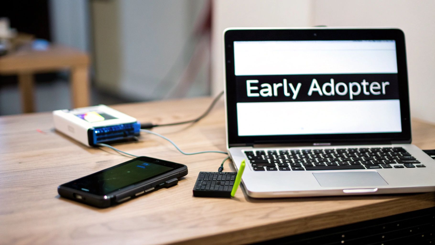Laptop displaying Early Adopter text connected to smartphone and electronic devices on wooden desk
