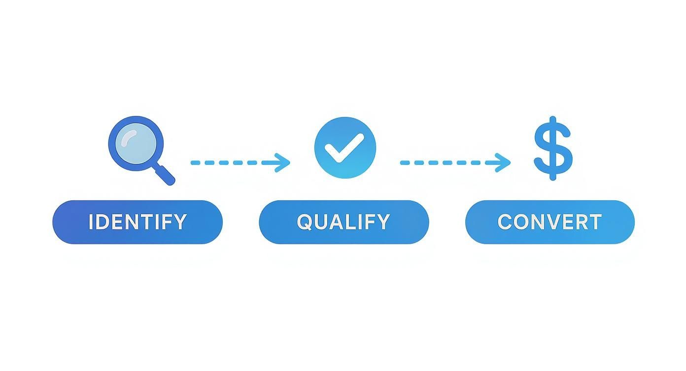 A three-step lead generation process diagram with icons: Identify, Qualify, Convert.