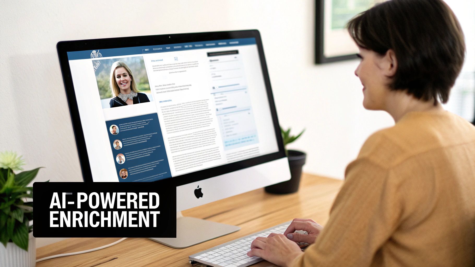 A woman uses a desktop computer displaying a profile on an AI-powered data enrichment application.