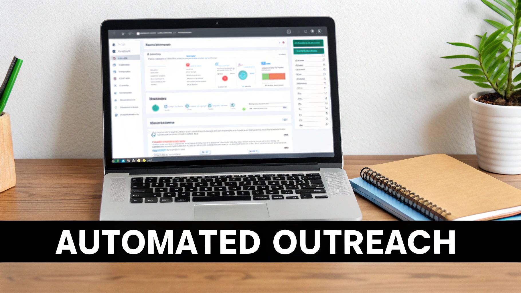 Laptop on a wooden desk displays an automated outreach dashboard, alongside notebooks, pens, and a green plant.