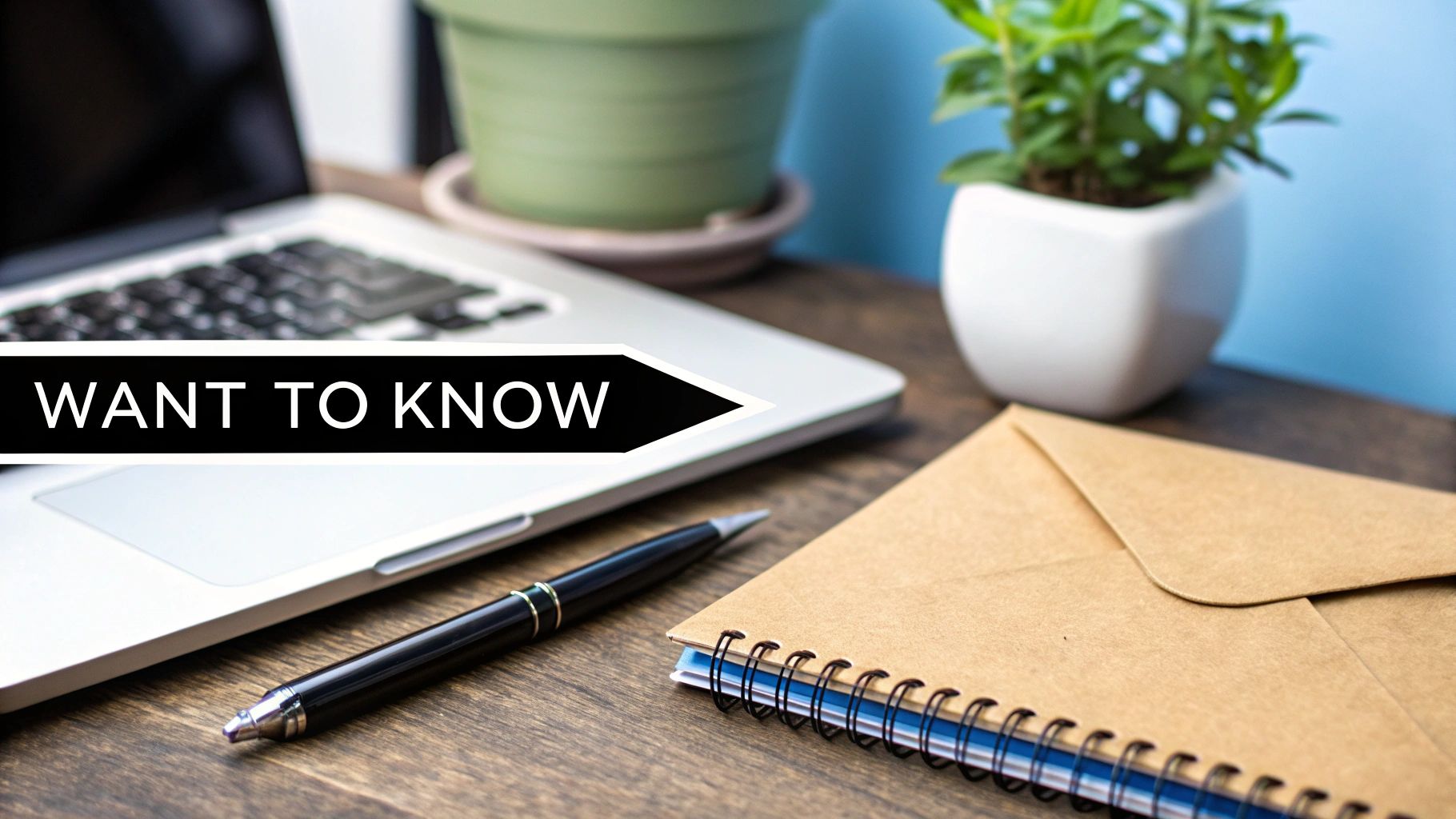 A black banner with 'WANT TO KNOW' text overlaying a laptop, pen, and notebook on a wooden desk.