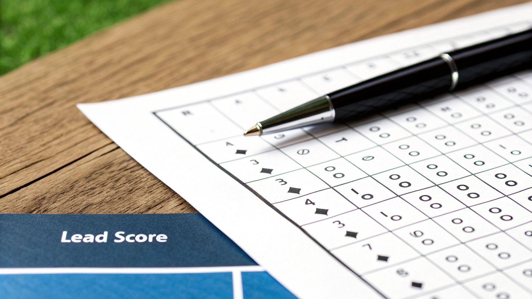 A pen rests on a document with numbers and symbols, next to a 'Lead Score' report.