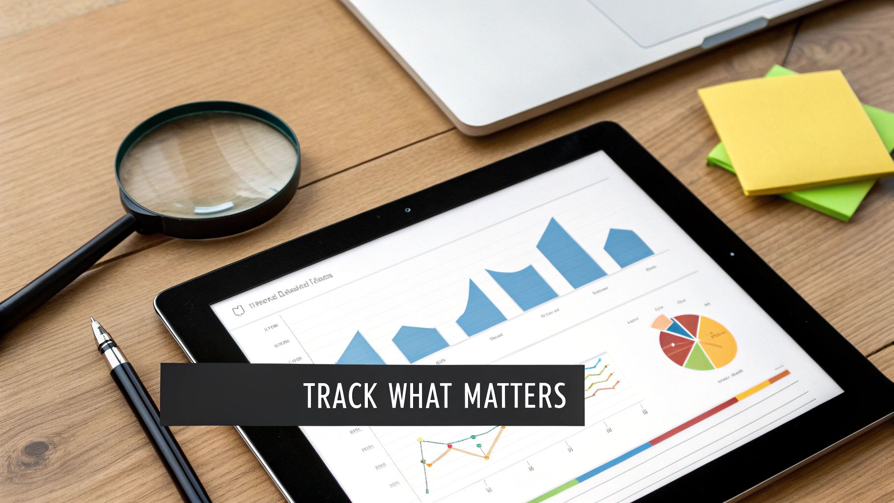 A tablet displaying business charts and graphs on a wooden desk with a magnifying glass, pen, and laptop. Text overlay: "TRACK WHAT MATTERS".
