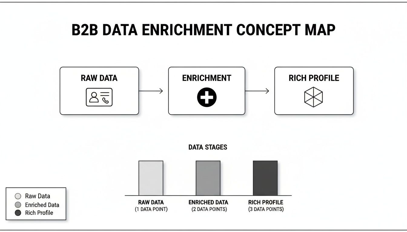 Flowchart illustrating the B2B data enrichment process, from raw data to a rich profile with increasing data points.