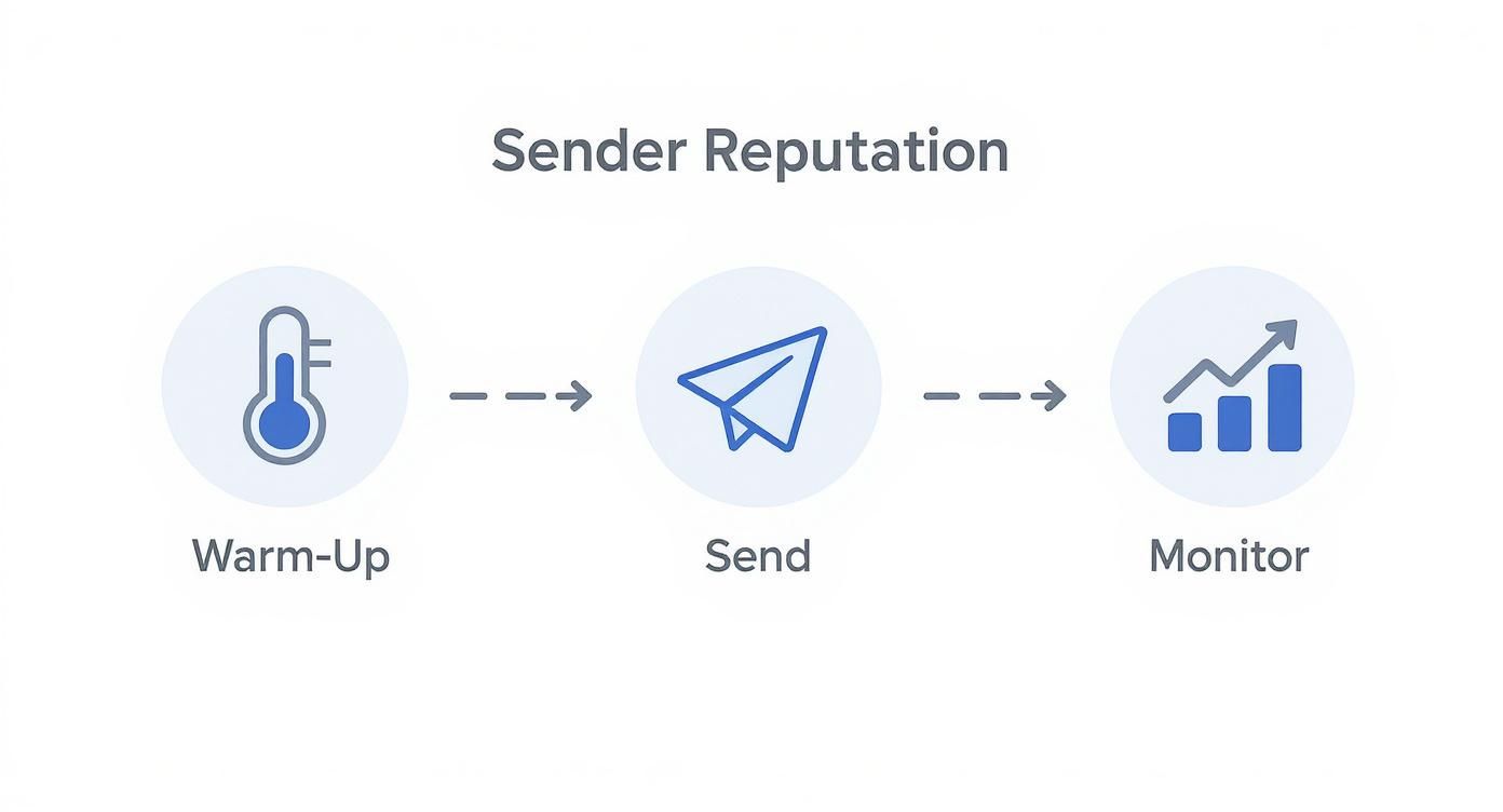 Diagram illustrating the three-step process for building sender reputation: Warm-Up, Send, and Monitor.