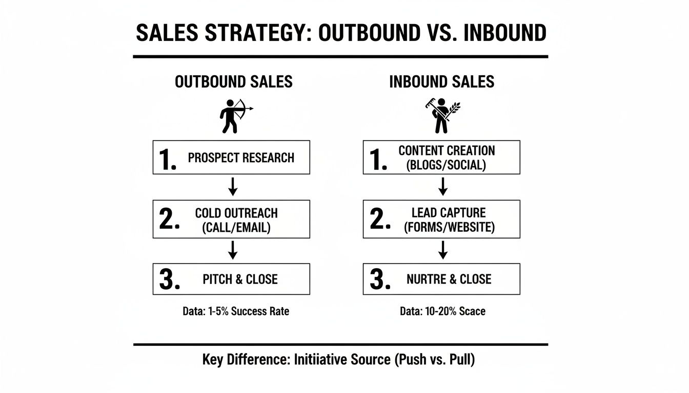 A flowchart comparing Outbound Sales vs. Inbound Sales strategies, detailing steps, success rates, and key differences.