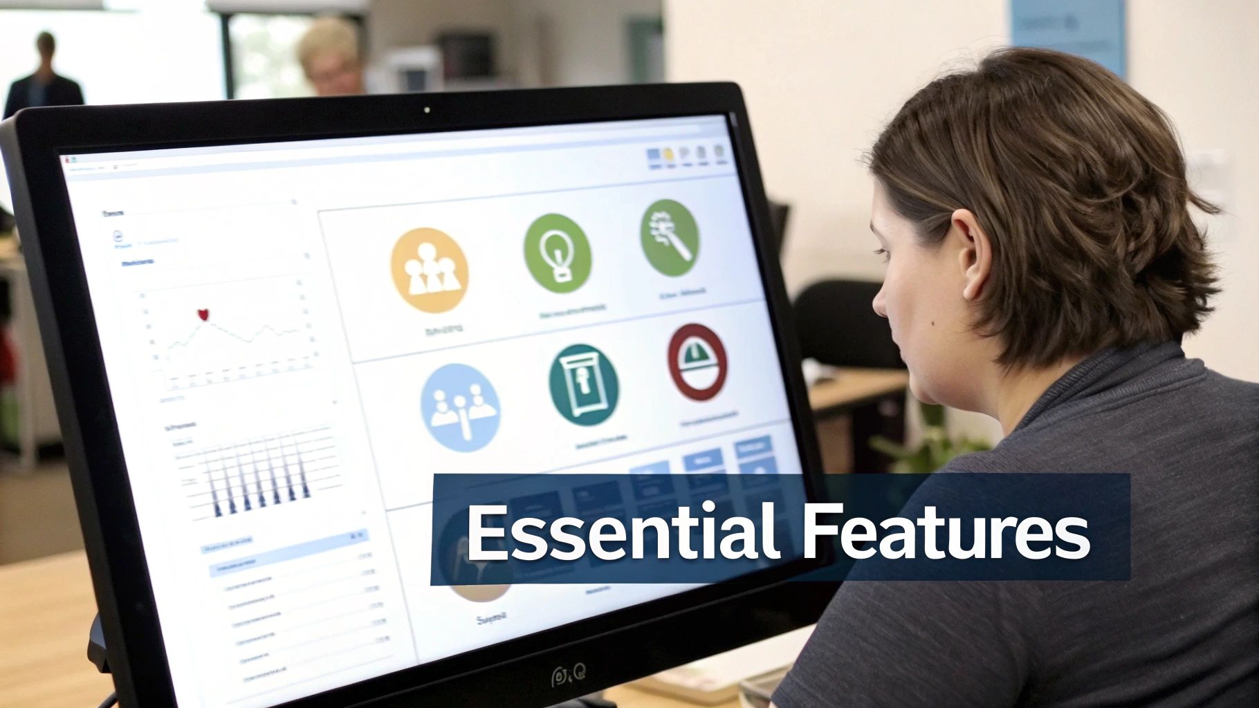A woman intently views a computer screen displaying a dashboard with various icons, charts, and software features.