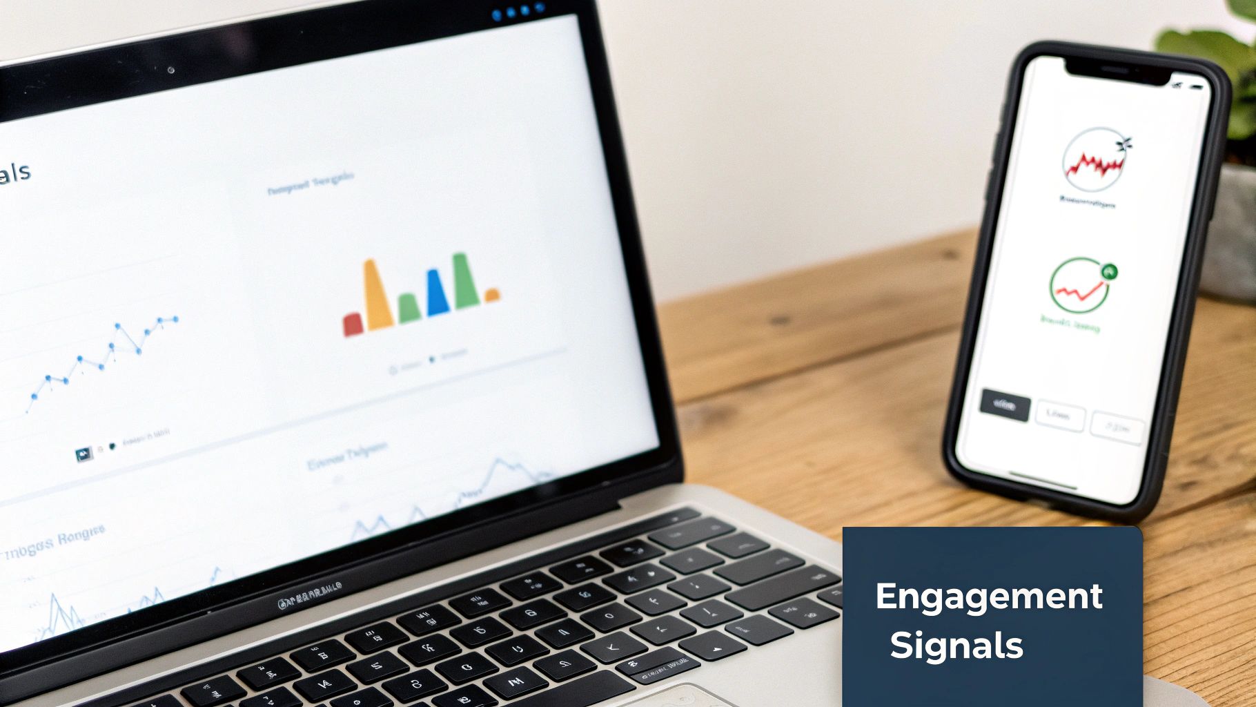 A laptop and smartphone display various charts and graphs, indicating engagement signals and data analysis.