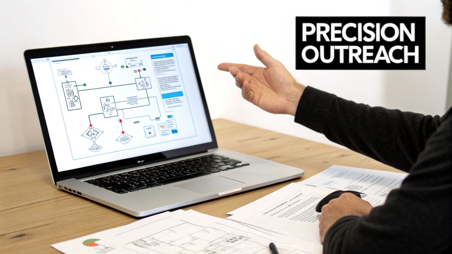 A person points at a laptop displaying a detailed flowchart diagram, with 'PRECISION OUTREACH' text.