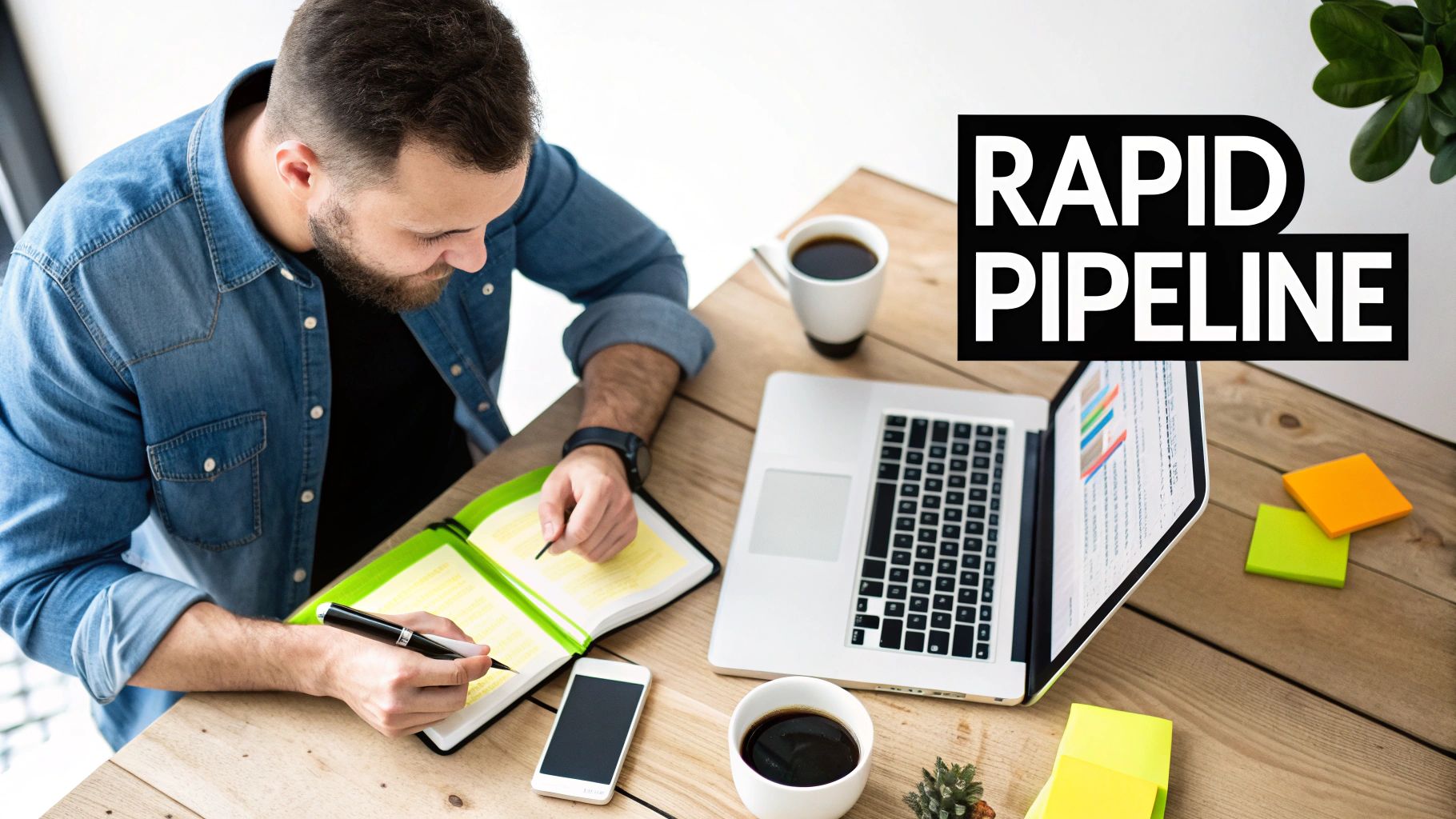 Man writing in a notebook at a wooden desk with a laptop, smartphone, coffee, and 'RAPID PIPELINE' text.