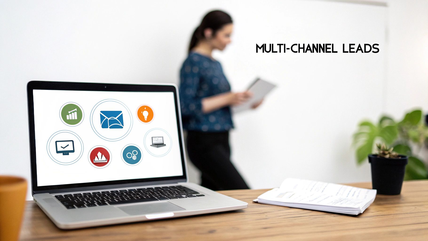 Laptop displays multi-channel lead generation icons, with text 'MULTI-CHANNEL LEADS' and a person in the background.
