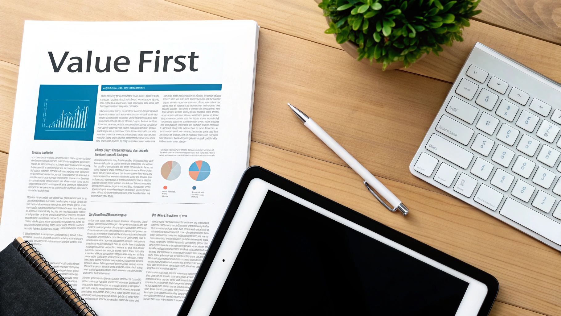 A flat lay of a wooden desk with a 'Value First' document, tablet, keyboard, and plant.