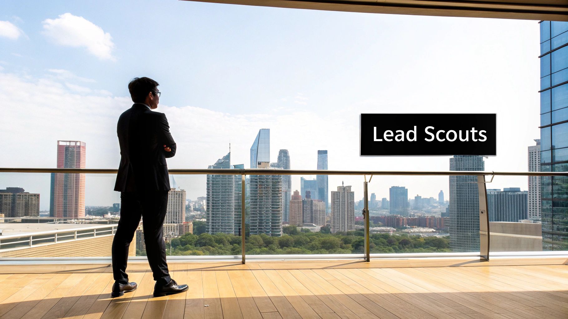 A businessman in a suit stands on a balcony overlooking a cityscape with a 'Lead Scouts' sign.