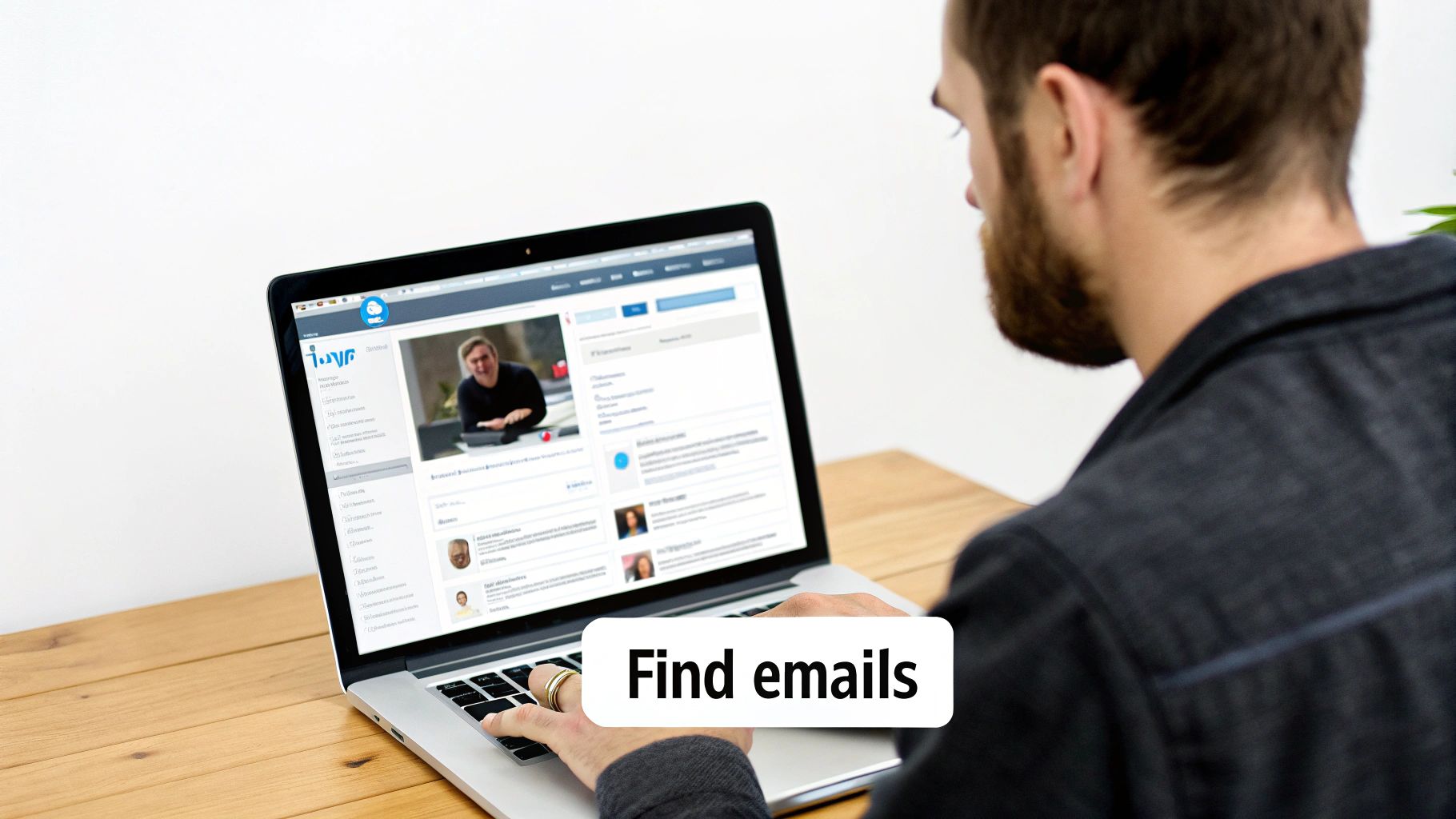 A man with a beard is focused on his laptop screen, searching for emails.