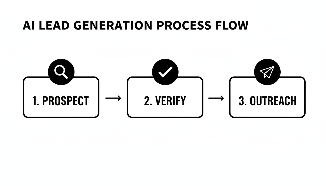 AI lead generation process flow showing prospecting, verification, and outreach steps.