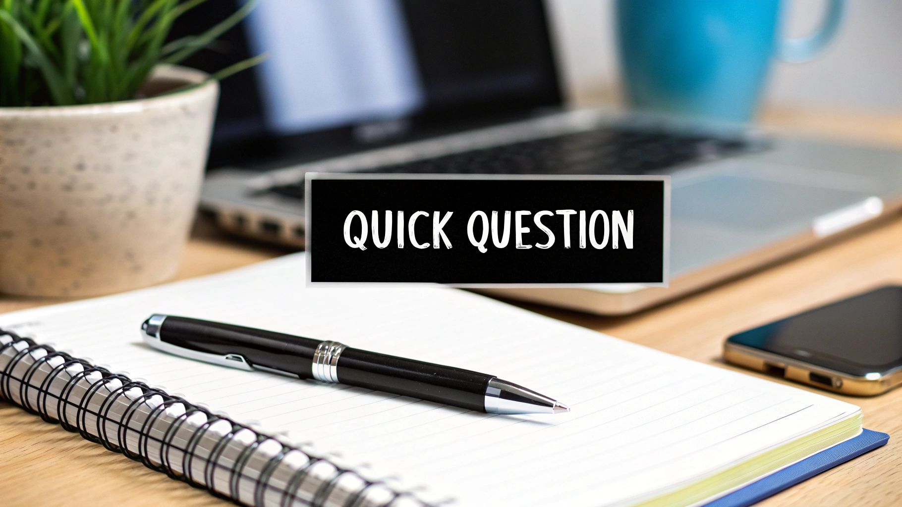 A black box with 'QUICK QUESTION' text floats above a notebook, pen, laptop, and plant on a wooden desk.