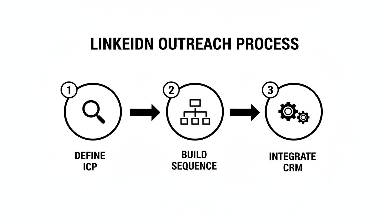 A three-step diagram illustrating the LinkedIn outreach process: Define ICP, Build Sequence, and Integrate CRM.