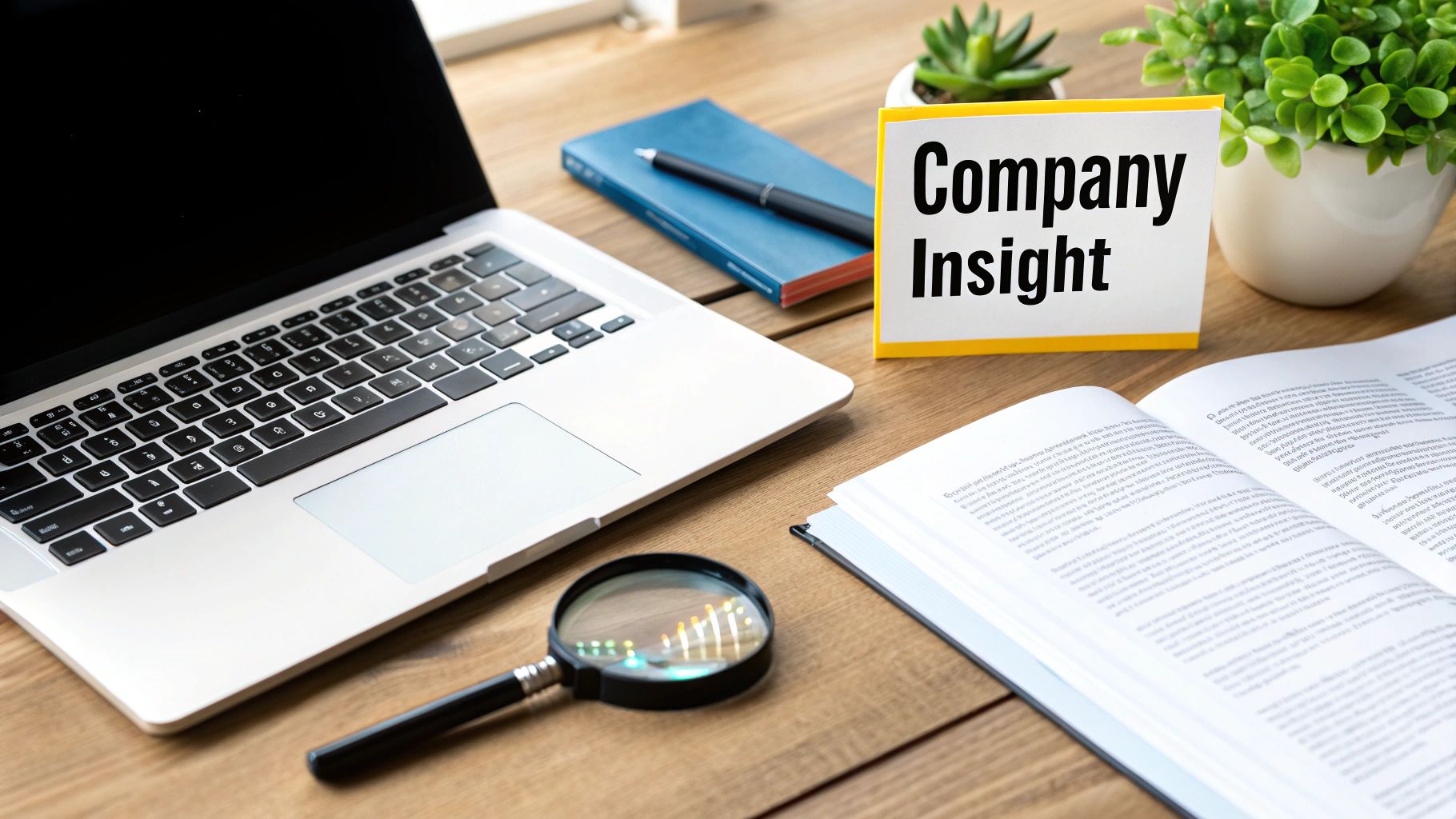 A wooden desk with a laptop, open book, magnifying glass, and a sign saying 'Company Insight'.