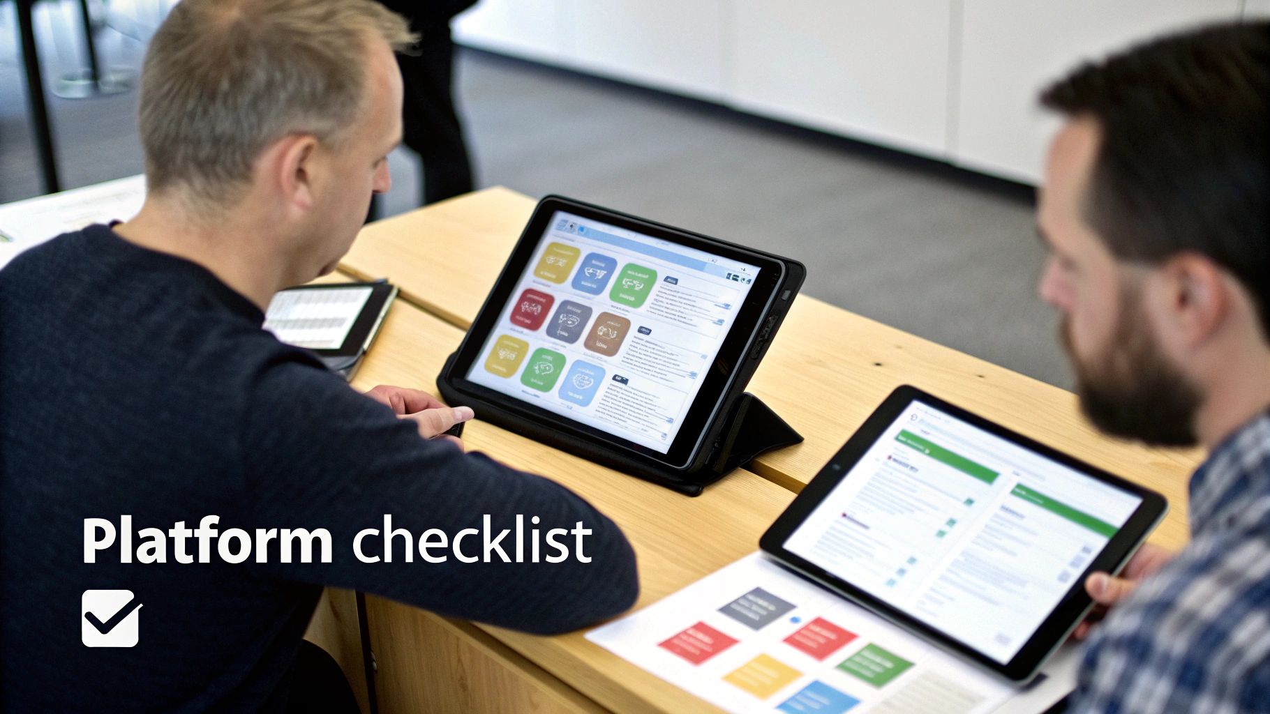 Two men review information on digital tablets, focusing on a platform checklist with icons.