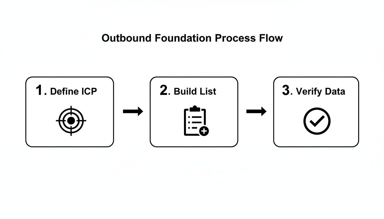 A process flow diagram outlines three steps: 1. Define ICP with a target icon, 2. Build List with a clipboard icon, and 3. Verify Data with a checkmark icon.