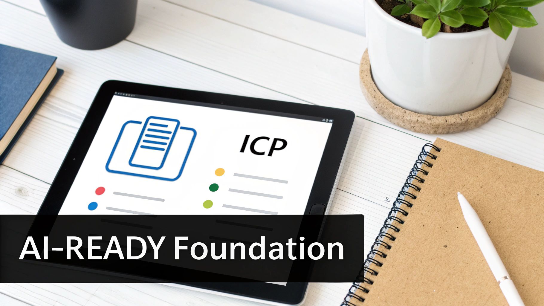 A tablet displays 'ICP' and document icon, overlaid with 'AI-READY Foundation' text on a desk.