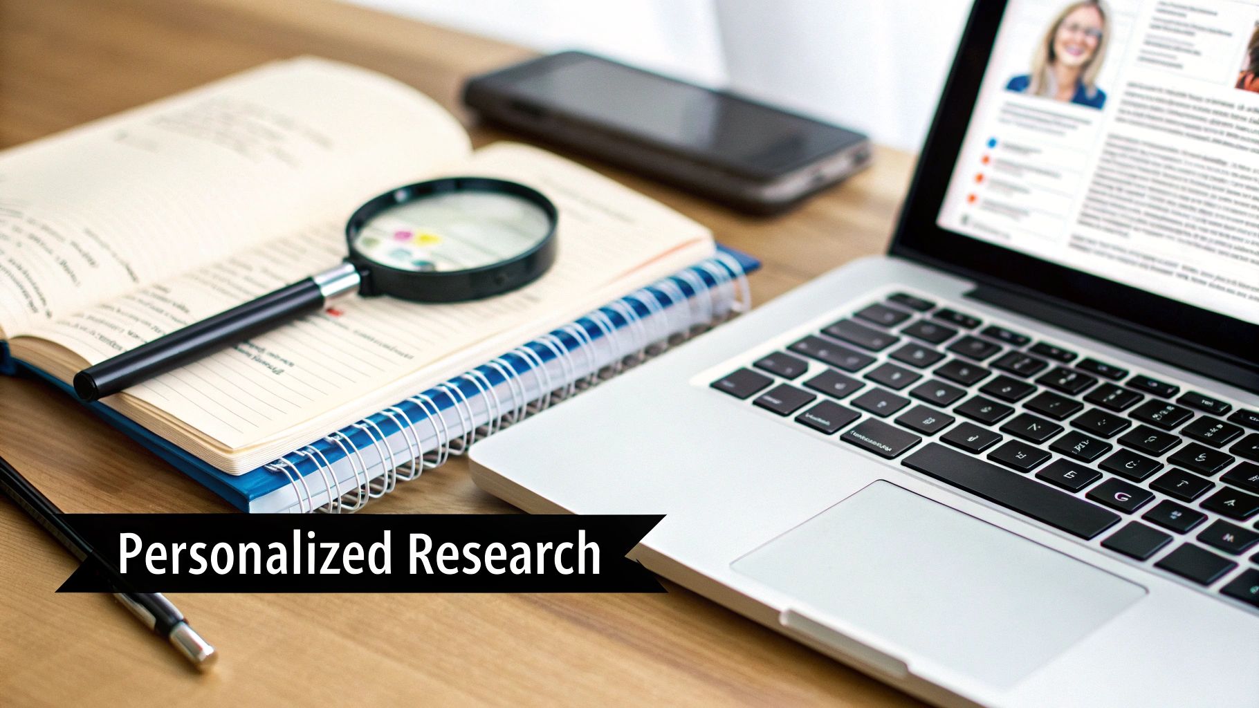 A desk with a laptop displaying a profile, an open notebook with a magnifying glass, and a pen for personalized research.