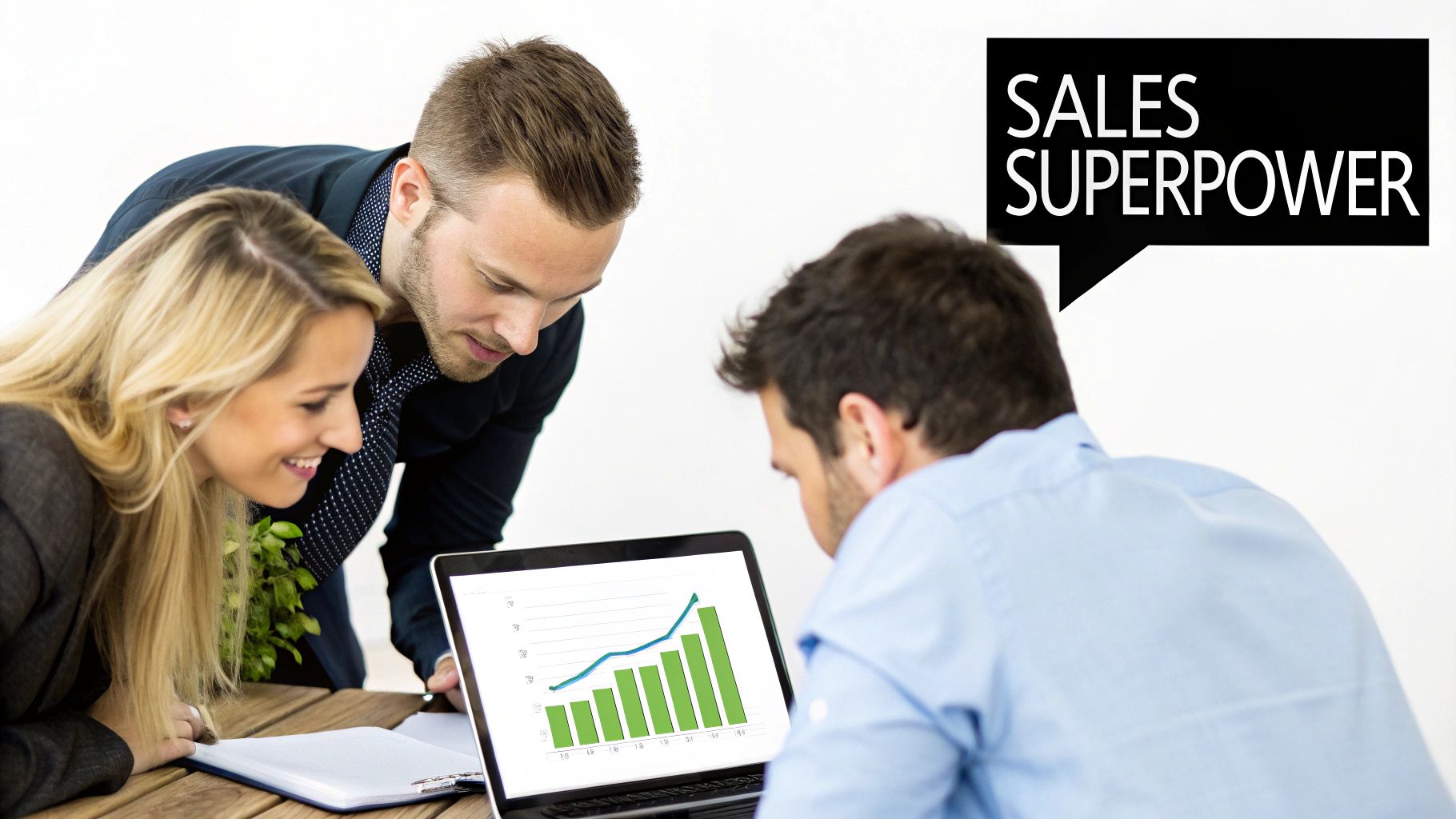 Three business people look at a laptop with a rising sales graph and a "SALES SUPERPOWER" speech bubble.