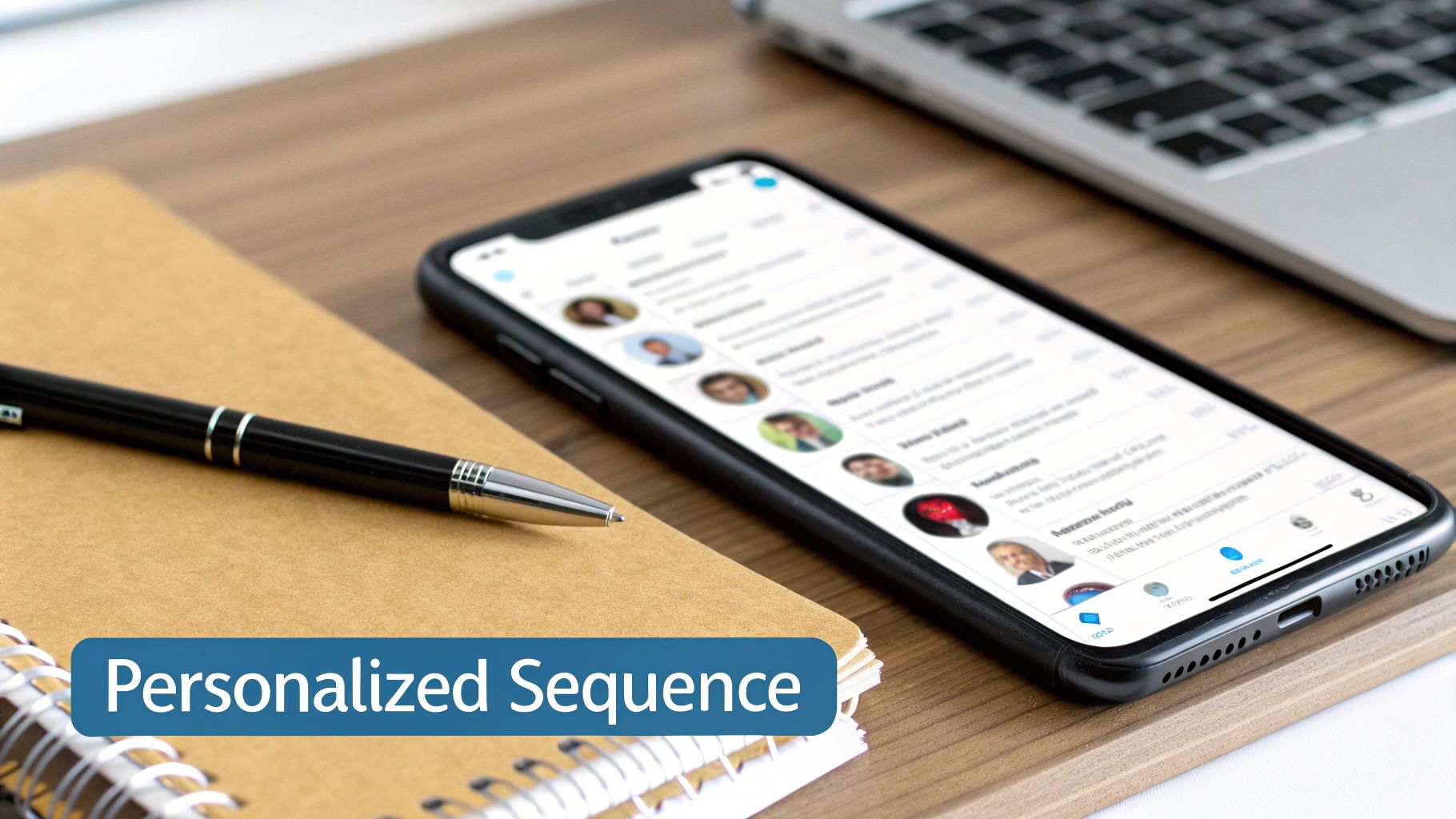 A smartphone displays LinkedIn contacts next to a notebook and pen on a wooden desk with a laptop, highlighting 'Personalized Sequence'.