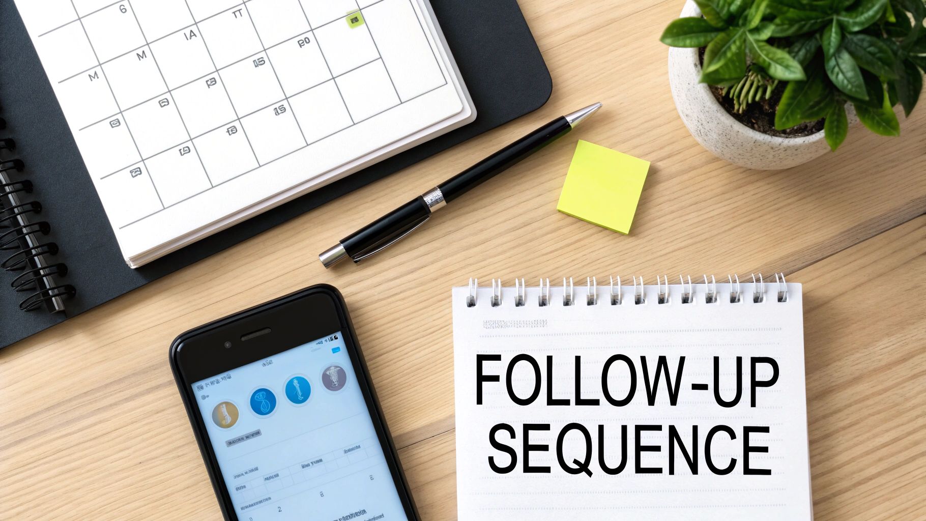 A flat lay of a desk with a calendar, smartphone, pen, plant, and a notebook saying 'FOLLOW-UP SEQUENCE'.