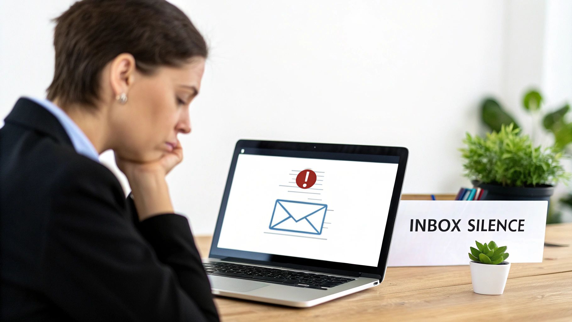 A sad woman looking at her laptop screen showing an empty email inbox with a red exclamation mark, and a sign on her desk says "INBOX SILENCE".