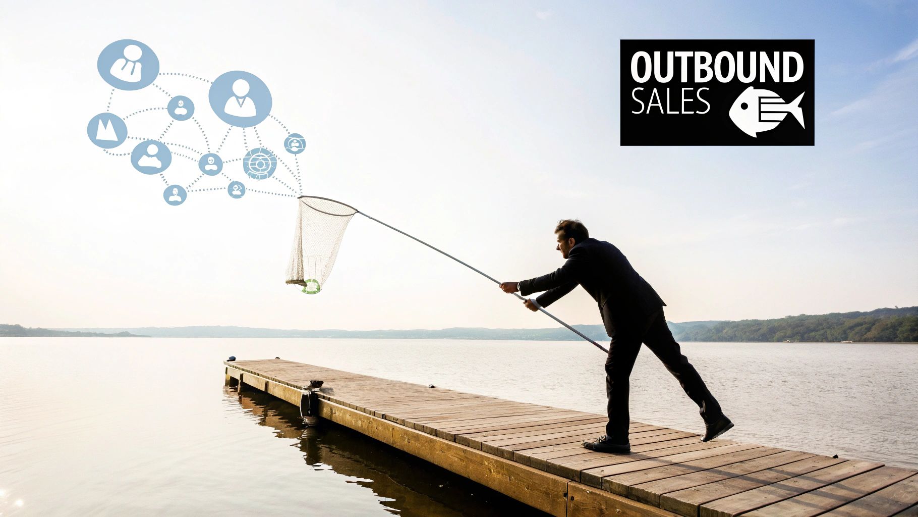 A businessman on a dock uses a net to catch a network of digital leads for outbound sales.
