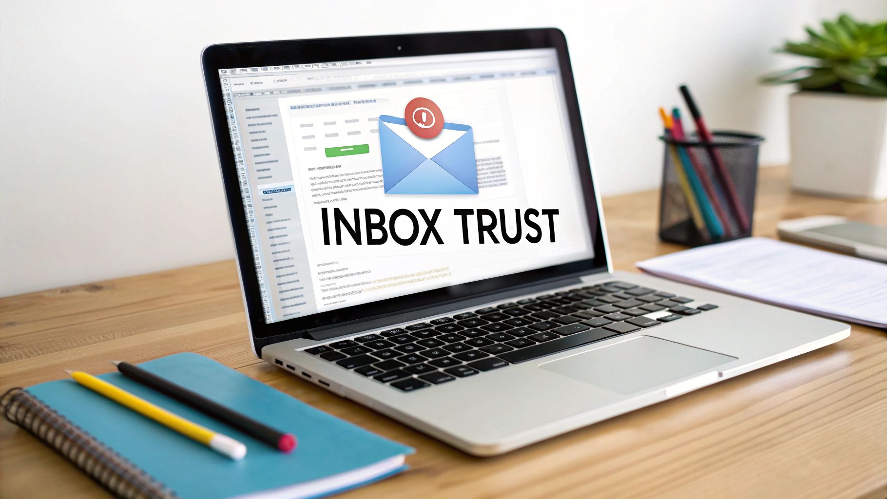 A laptop screen displays 'INBOX TRUST' with an email icon, on a wooden desk with office supplies.