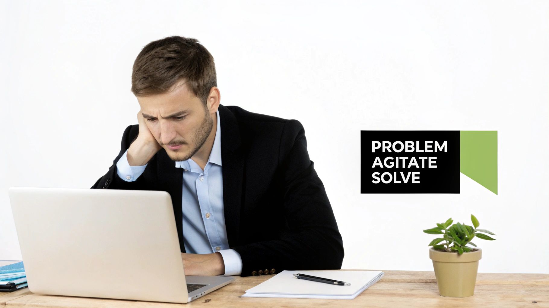 A thoughtful man looking at his laptop, with 'PROBLEM AGITATE SOLVE' text.