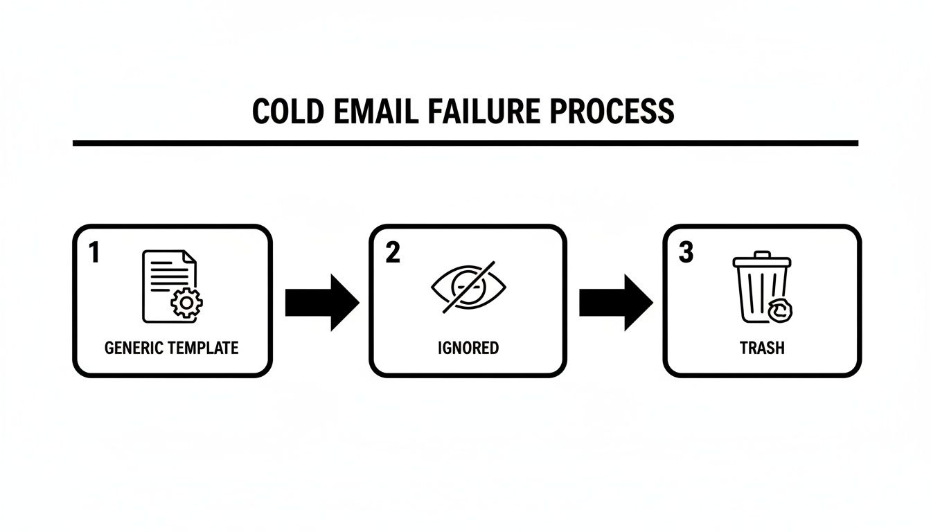 A diagram illustrates the cold email failure process: generic templates lead to being ignored, then trashed.