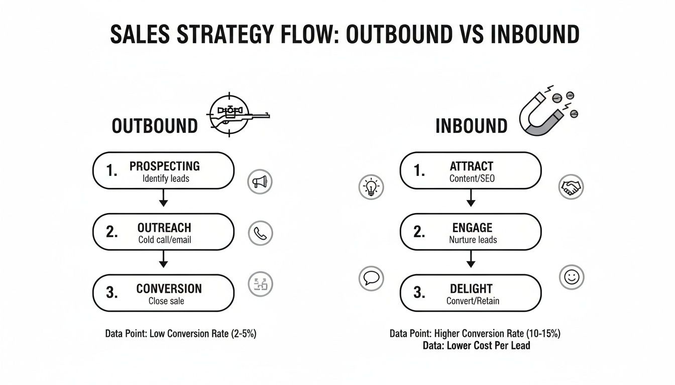 Sales strategy flow diagram comparing outbound (prospecting, outreach, conversion) with inbound (attract, engage, delight).