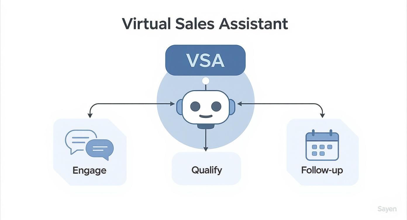 Diagram illustrating the core functions of a Virtual Sales Assistant (VSA): Engage, Qualify, and Follow-up.