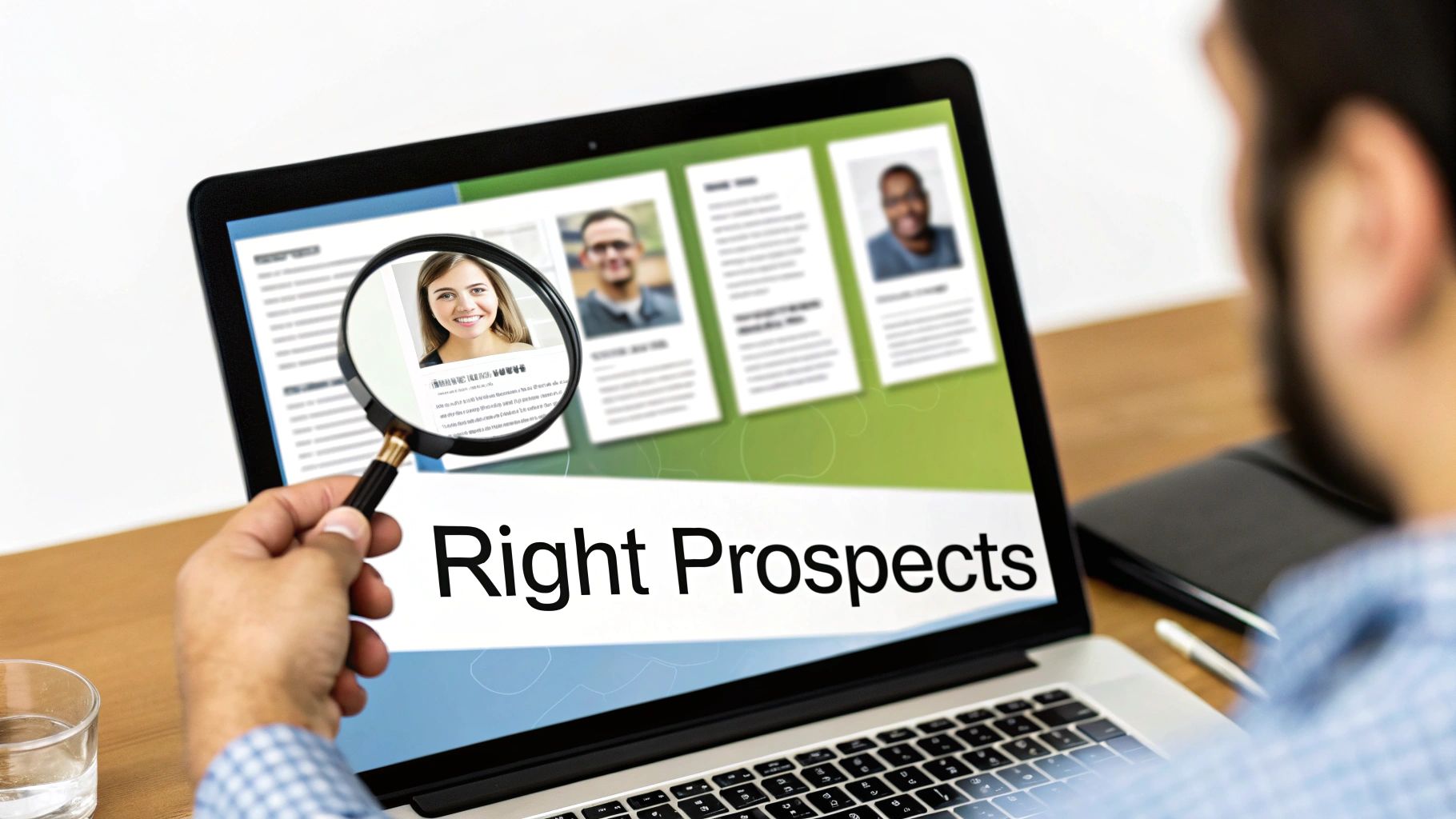 Person using a magnifying glass to select 'Right Prospects' from profiles on a laptop screen.