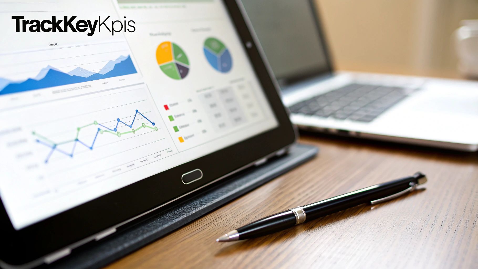 A tablet displaying business analytics and KPIs, with a laptop and pen on a wooden desk.