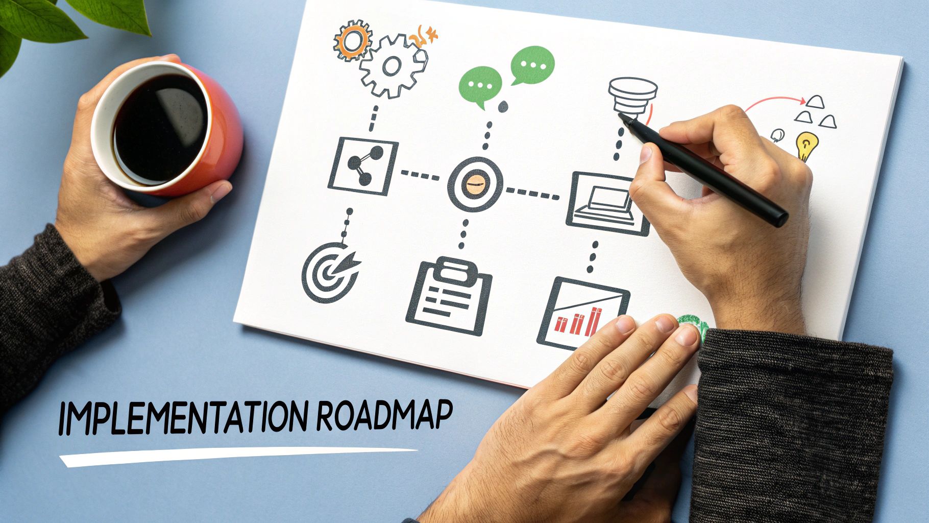 A person's hands, one holding coffee, the other drawing an 'Implementation Roadmap' diagram on paper.