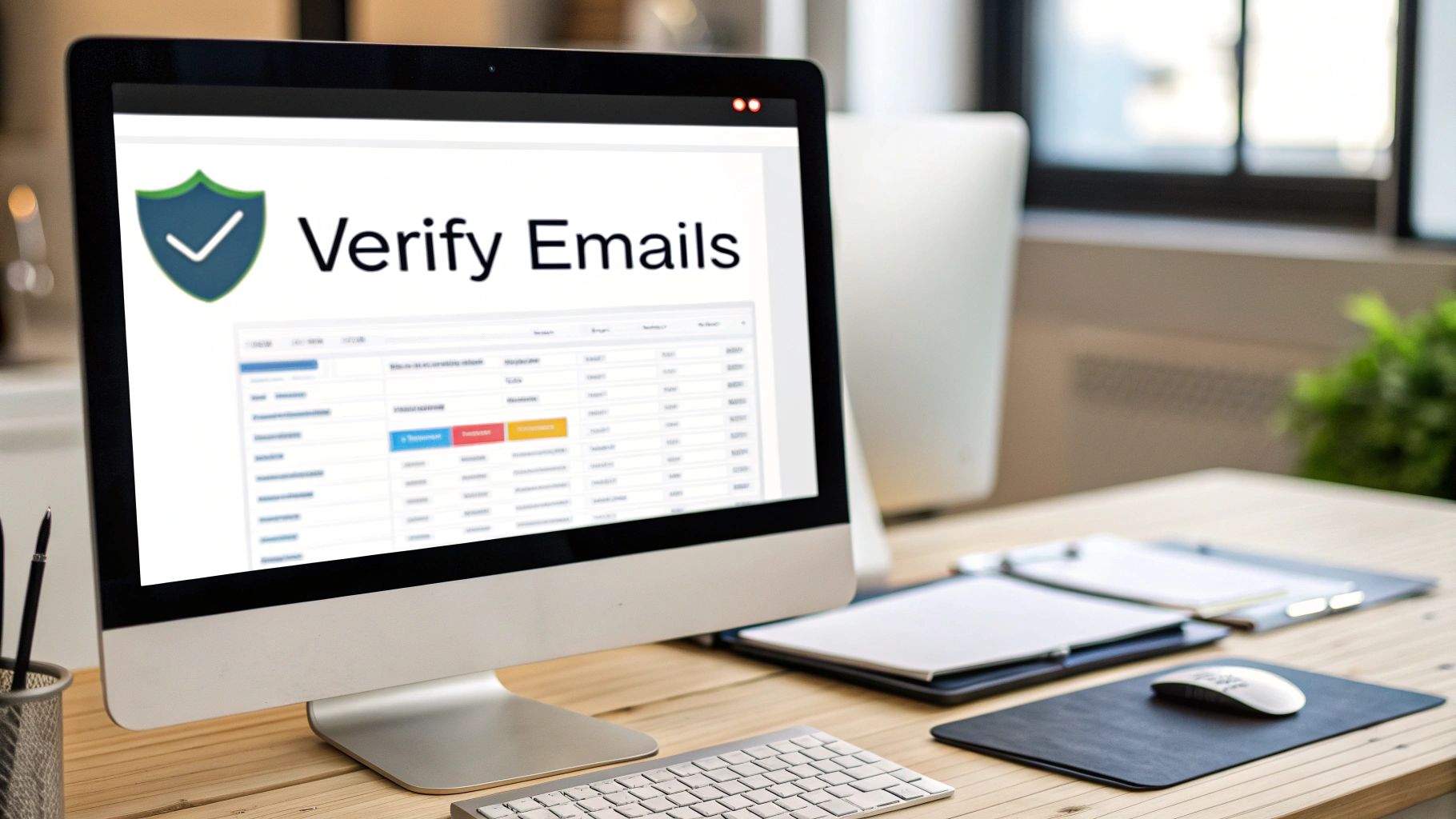 Desktop computer displaying an 'Verify Emails' interface with a checkmark shield icon.