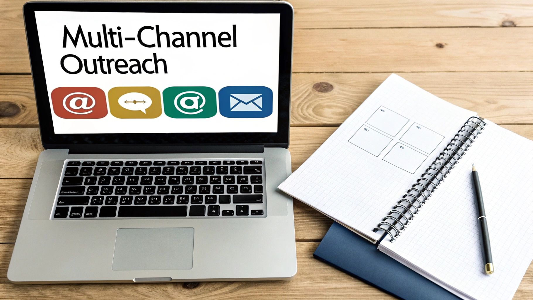 Laptop displaying 'Multi-Channel Outreach' with communication icons, next to a notebook and pencil on a wooden desk.