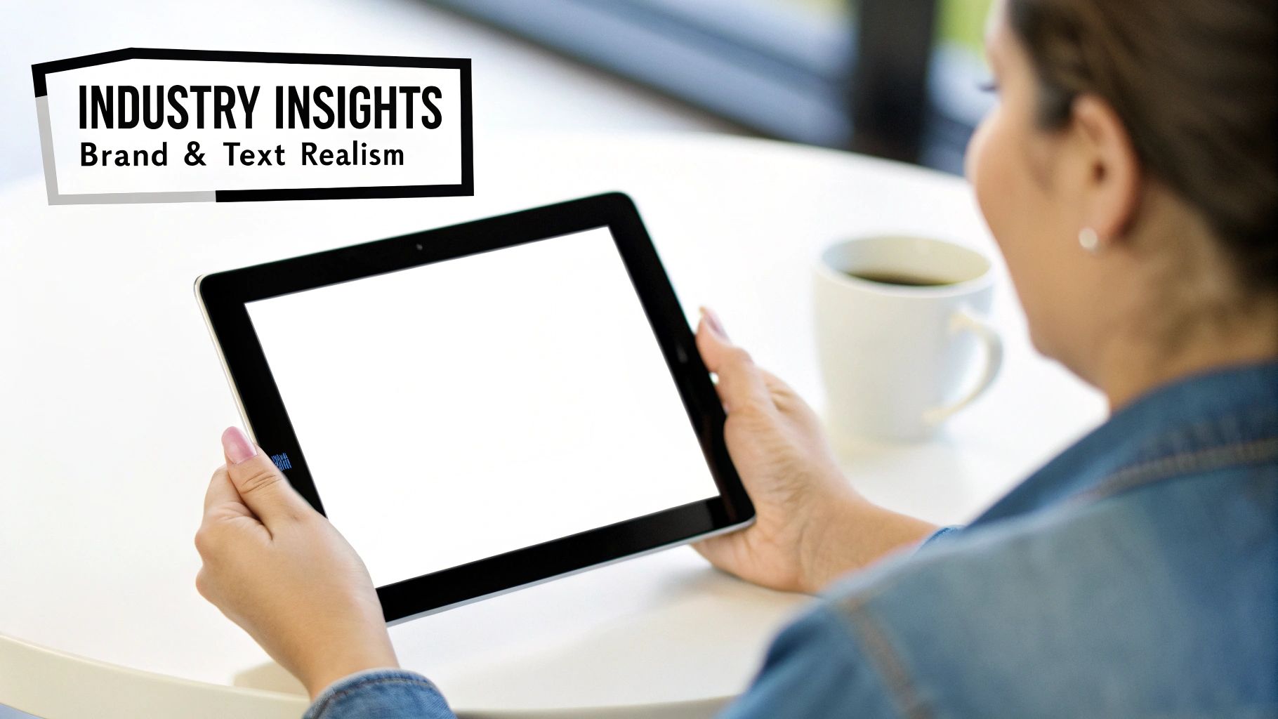 A person holds a tablet with a blank screen while sitting at a white table with a coffee cup.