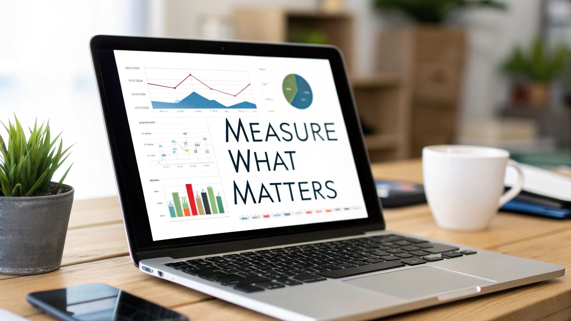 A laptop on a wooden desk displaying business charts and the text 'Measure What Matters'.