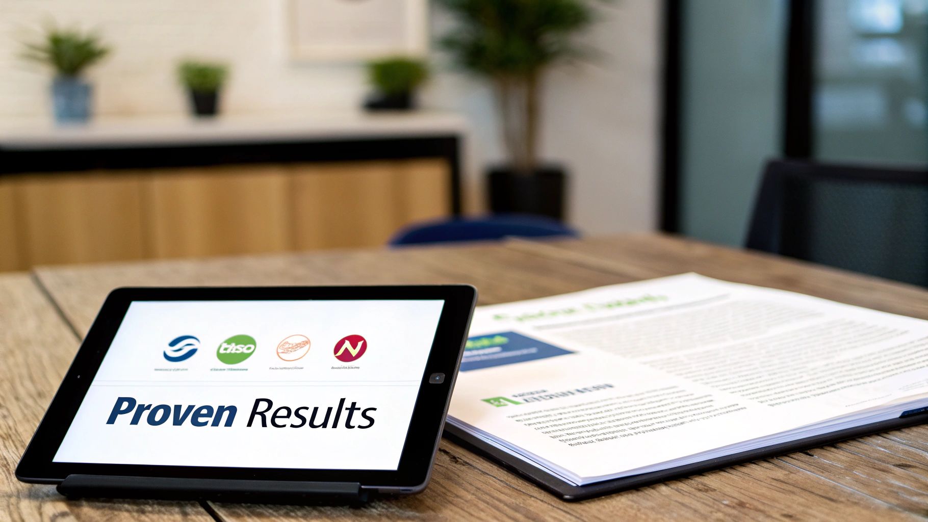 A tablet displaying "Proven Results" with company logos next to a document on a wooden desk.