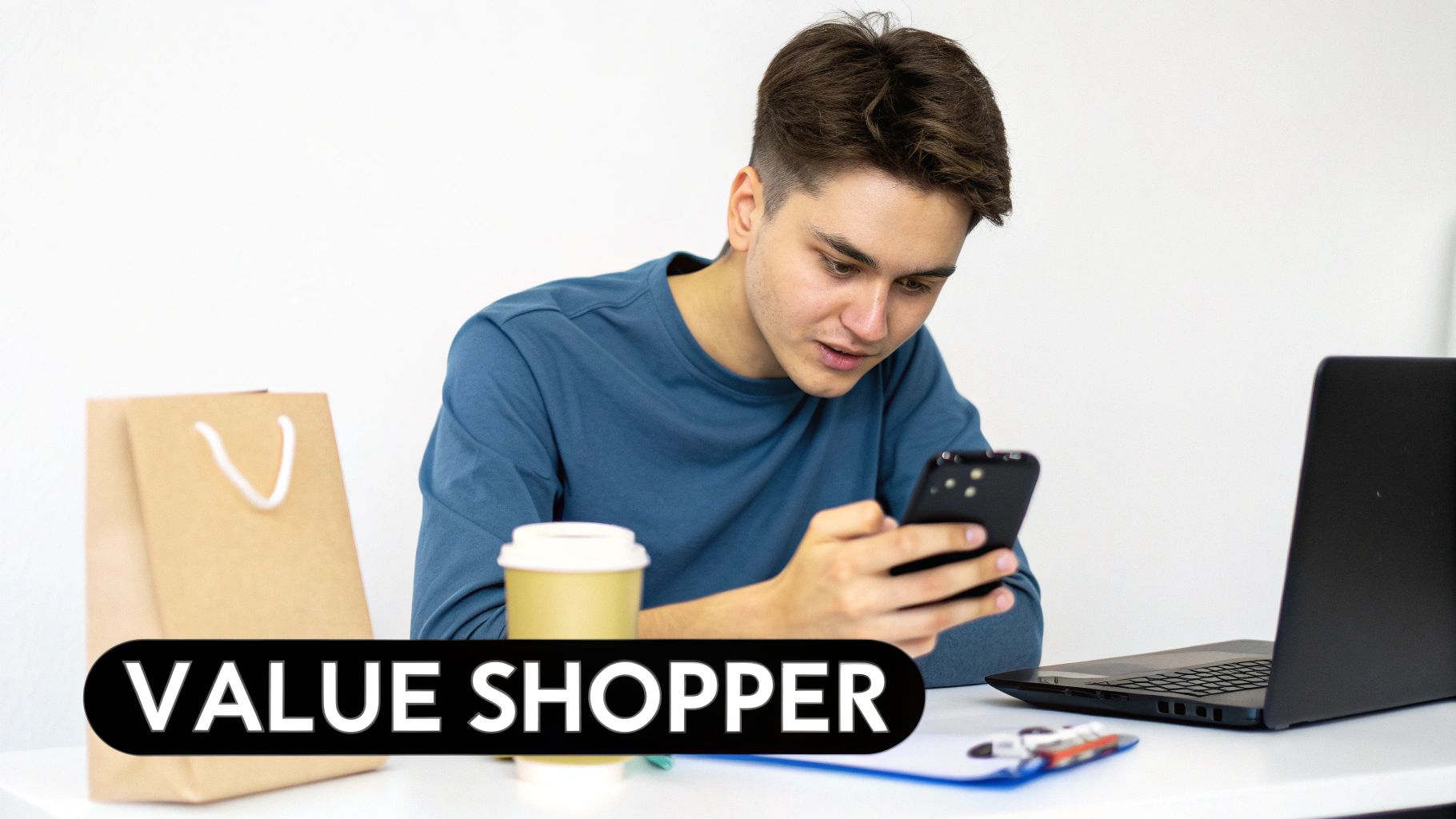 Young man comparing prices on smartphone while shopping online at desk with laptop