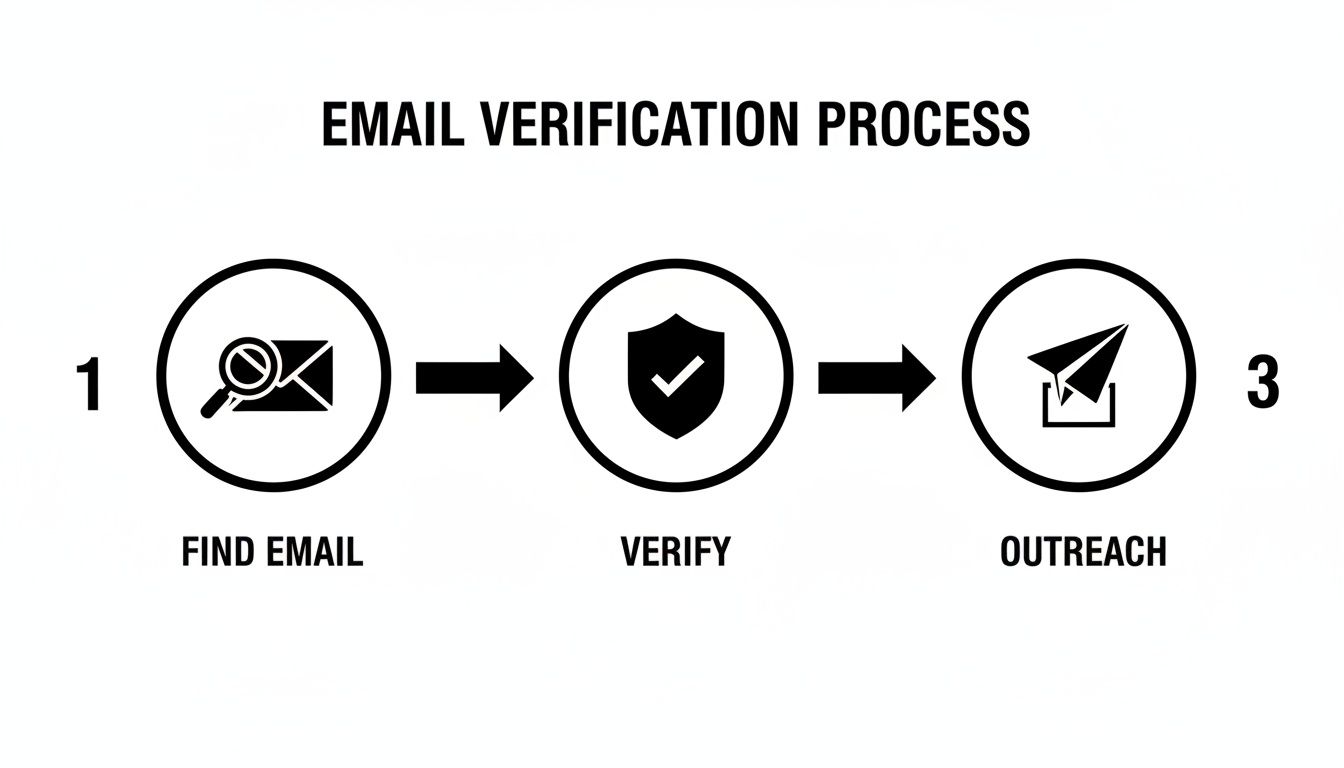A visual diagram outlining the three-step email verification process with icons for finding, verifying, and outreach.