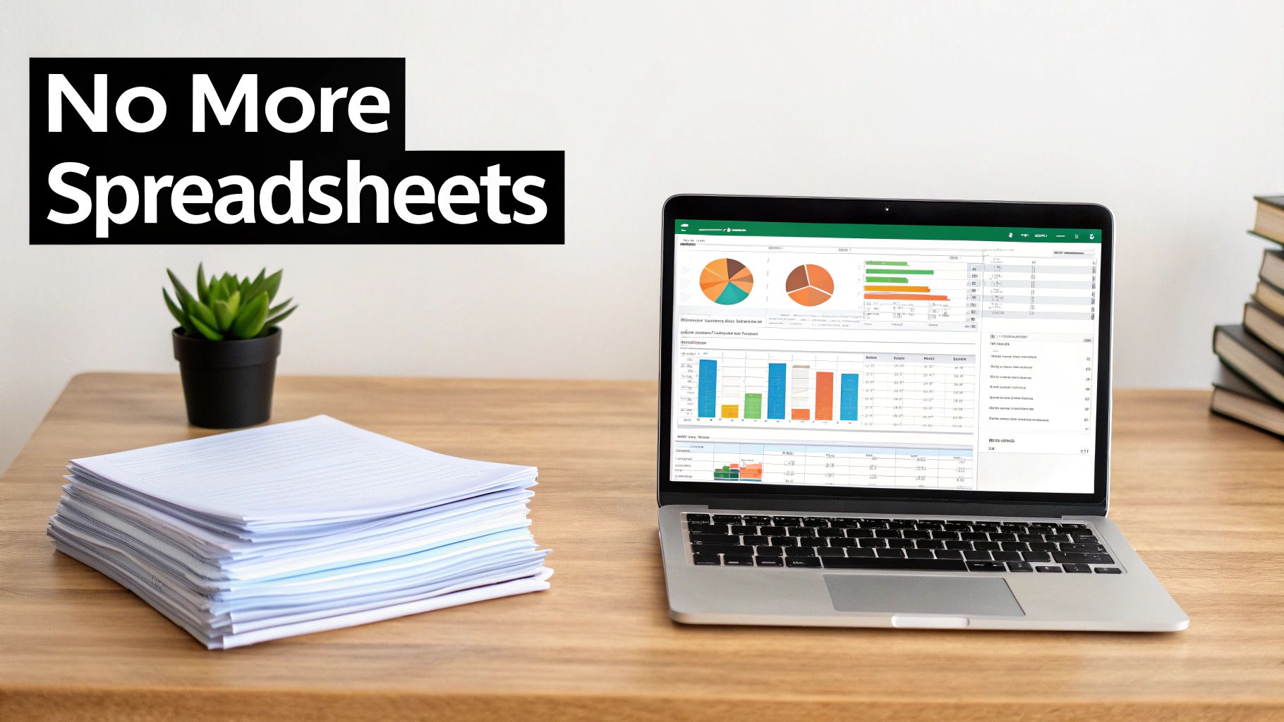 A laptop showing data dashboards with charts, next to papers, plant, and 'No More Spreadsheets' text.
