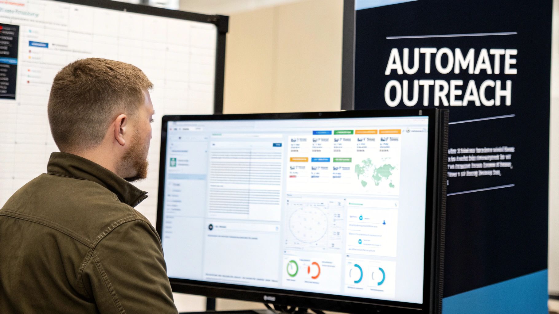 A man views a computer screen displaying an analytical dashboard with charts and a world map.