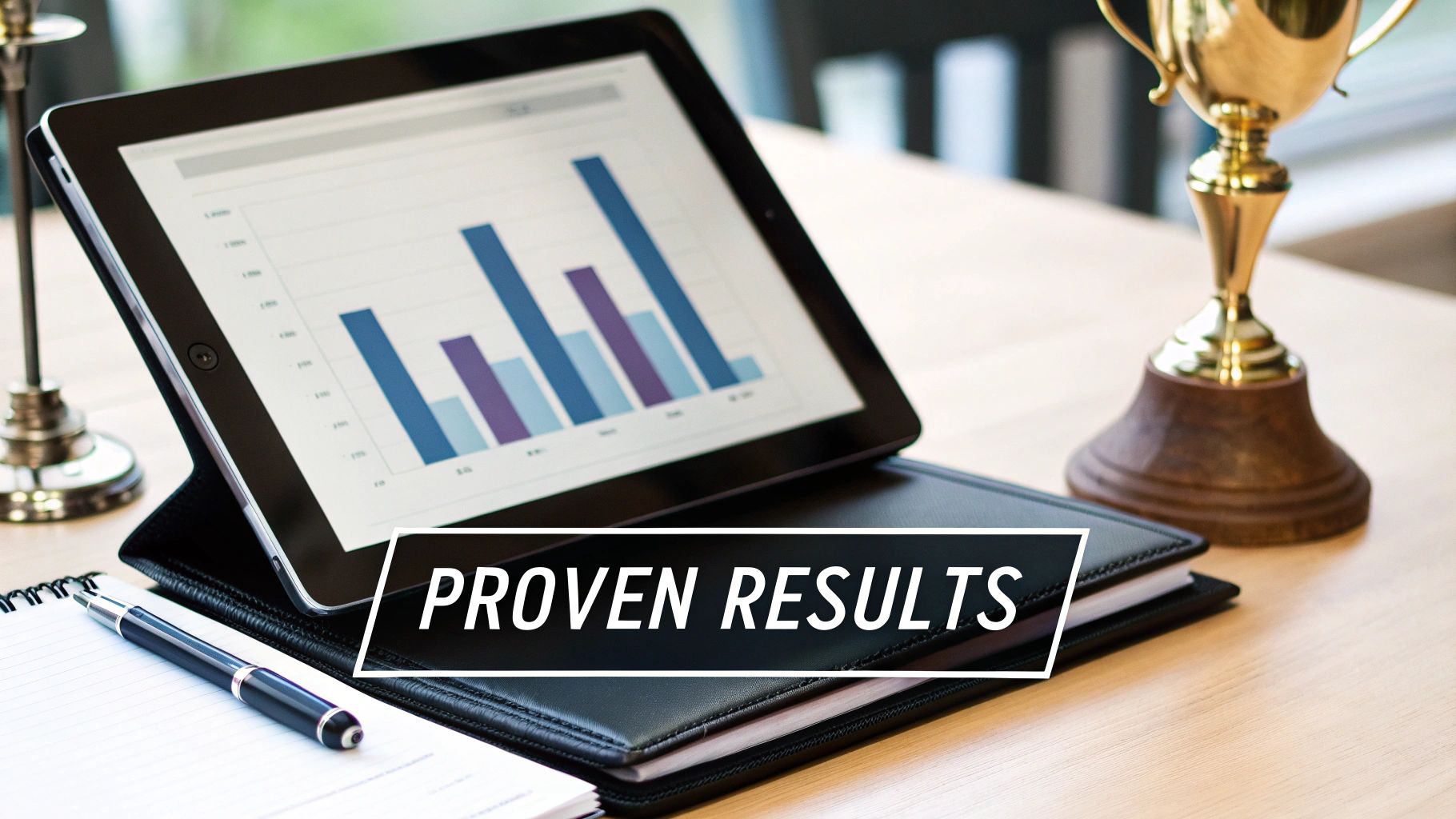 Business desk with a tablet showing a graph, a golden trophy, and 'PROVEN RESULTS' text.